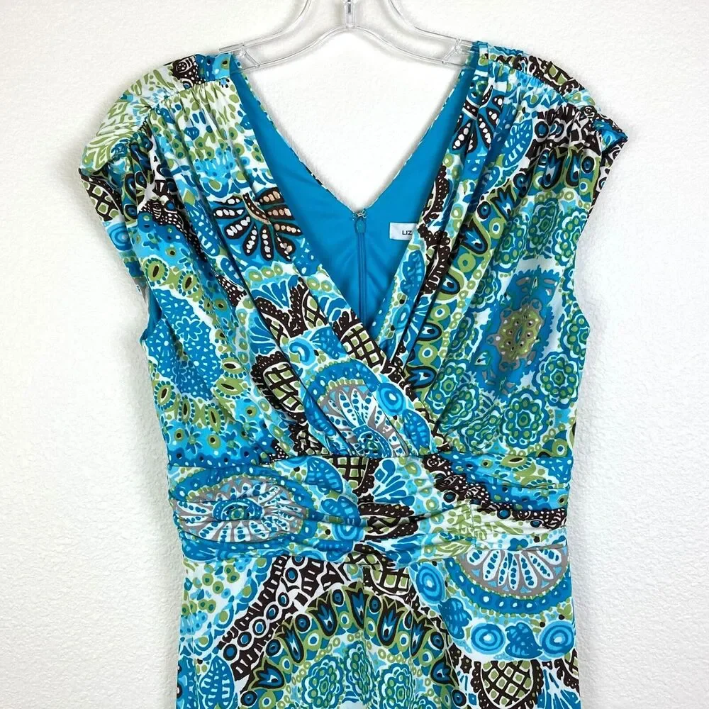 Liz Claiborne A-Line Maxi Dress Size 10 V-Neck High Waist Brown Blue Green
